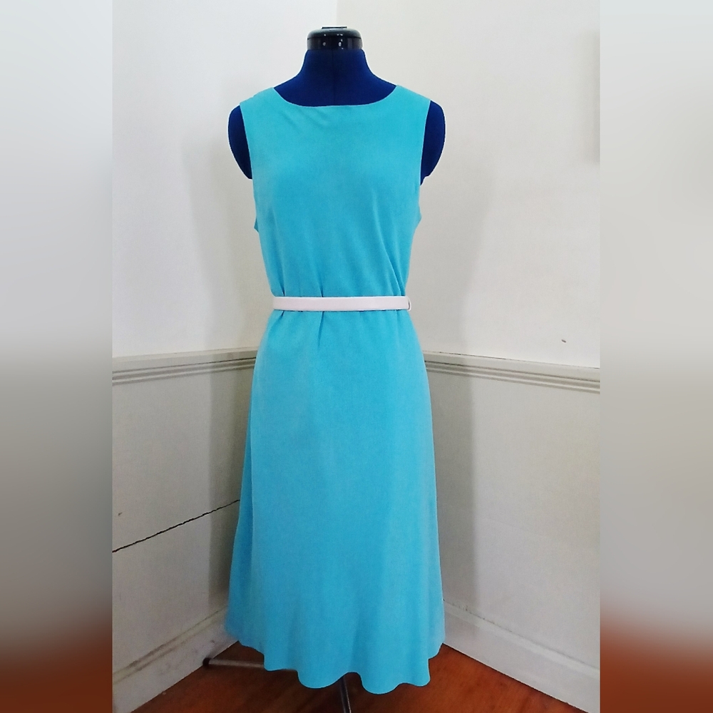 Vintage Chadwicks 100% Silk Aqua Sleeveless Midi Sheath Dress - Picture 2 of 9